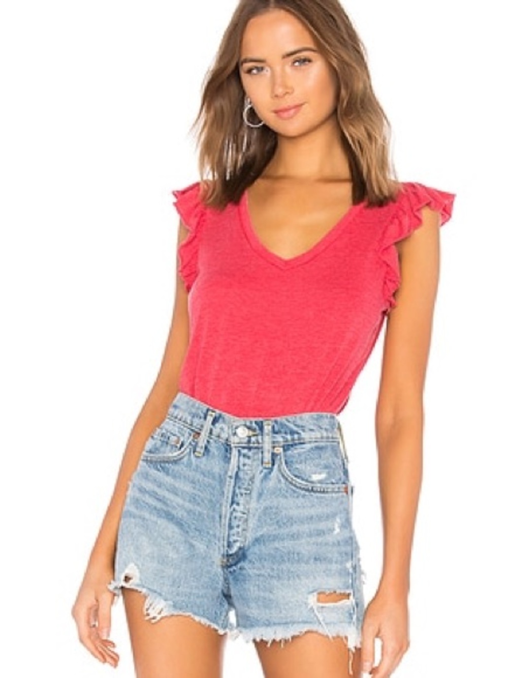 CHASER Revolve Flutter Sleeve V Neck Tee in Watermelon Size M